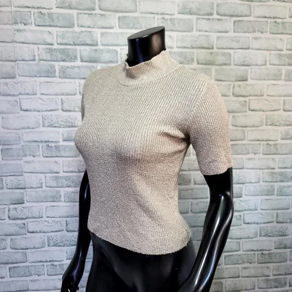 Vintage 90s Real Ellemenno Womens L Champagne Ribbed Stretch Knit S/S Turtleneck - Picture 2 of 6